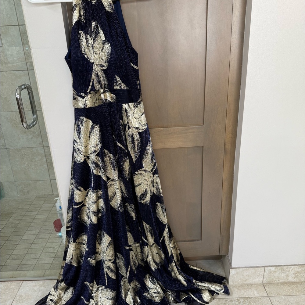 Bloomingdale's Aqua Brand- navy and gold Halter Maxi Gown for Weddings